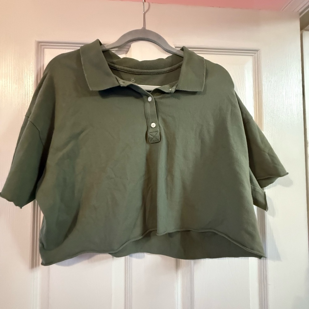 aerie Olive Green Cropped Polo Top